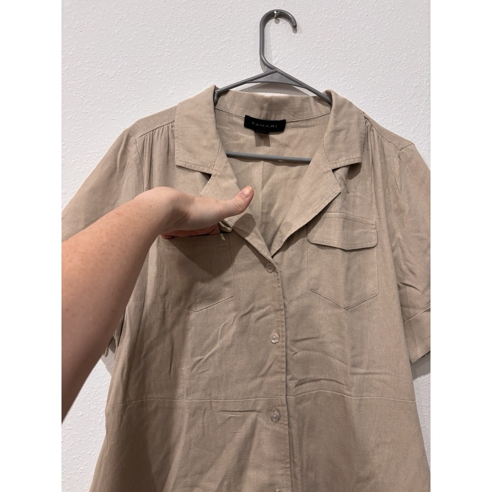 Tahari XL Linen Blend Beige Belted Utility Shirt Dress Short Sleeve Cuffed - Picture 5 of 16